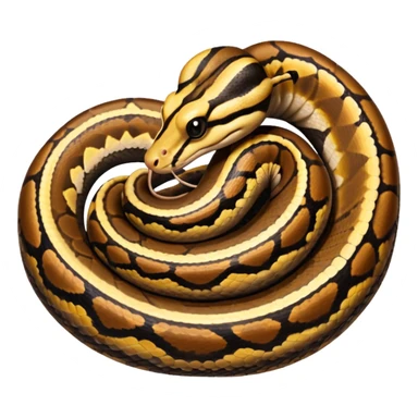 A photo-realistic top-down view of a Ball Python gently coiled into a tight spiral, with its head resting peacefully at the center. Its scales are warm brown with bold, irregular black markings, including the distinctive “alien-head” pattern, flowing smoothly along its body.  sticker