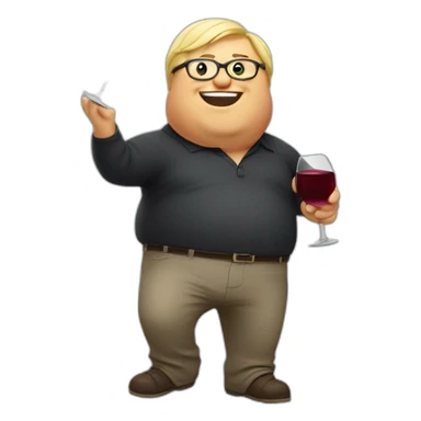 Fat blond man with glasses and a glass of red wine in his hand dancing like a drunk sticker