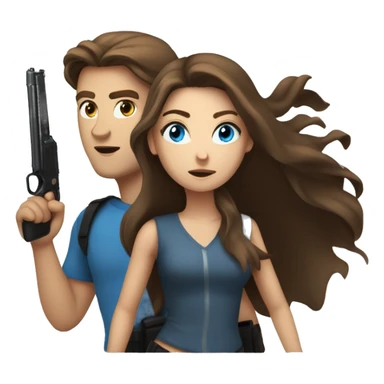 a beautiful young woman with long brown hair and blue eyes with a gun runs after a guy with brown hair and gray eyes sticker