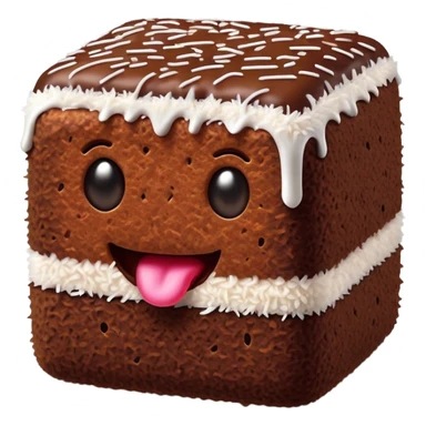 Cinematic Realistic Lamingtons Dessert Emoji, depicted as soft sponge squares coated in chocolate and coconut rendered with mouth‚Äêwatering detail and vibrant lighting. sticker