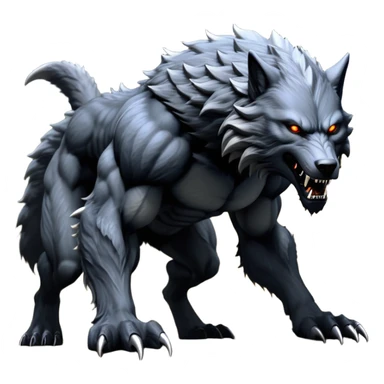 cinematic-noble-fierce-werewolf-full body on all fours-emoji, poised-and-imposing, with a tall, lean, and muscular wolfish frame inspired by the brutal, imposing shape of the beast from Berserk, fur rippling in shades of midnight black and silver, massive paws with razor-sharp claws, elongated limbs and fangs, eyes glowing with an intense, primal ferocity, reflecting the untamed power of the wild moonlit night; rendered with realism like a wolf hunched over battle ready pose ready to attack sticker