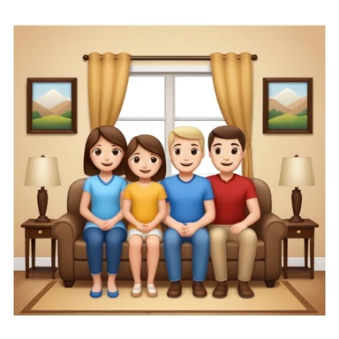 family posing for photo, living room background sticker