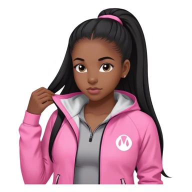 black girl with black straigh Long hair down pin straight and baby hairs with pink lululemon jacket on  sticker