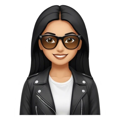 beautiful fit woman, with long straight black hair, with make up, black eye liner, smile mooth close, mexican, brown skin, wearing white tee, wearing leather black jacket, solar black wayfarer rayban sticker