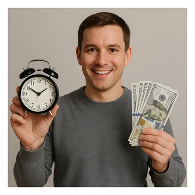 A man with short brown hair holding an alarm clock and money sticker