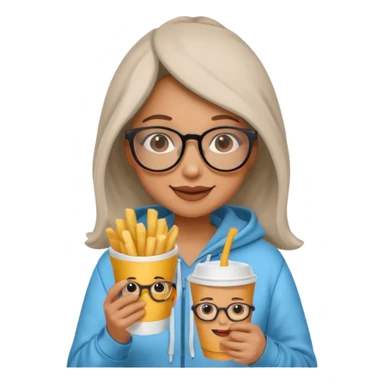 Woman with Glasses & Fries – cheerful woman in hoodie, holding paper cup of fries.





































 sticker
