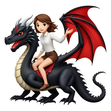 Me, a white female with brown hair, riding a black dragon with a tiny bit of red that has two legs to your work sticker