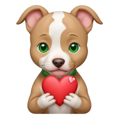 White and tan pitbull puppy with green eyes and cropped ears holding a heart sticker