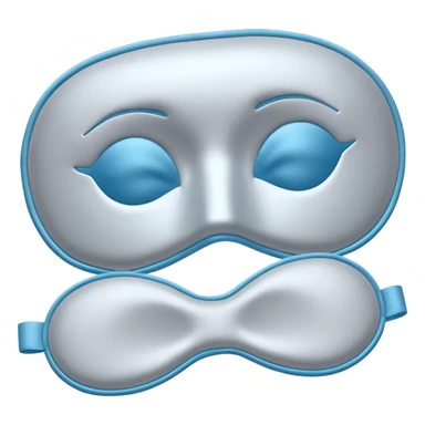emoji of an isolated silky sleep mask, soft satin texture, stitched closed eyes embroidery, no real eyes, no face, no character features, light grey with pastel blue tint, cozy pajama feel, smooth rounded shape, soft shadows sticker