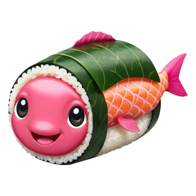 Cute Kawaii Maki Sushi Roll, small and round, wrapped in soft dark green seaweed, tiny grains of rice peeking out, a bright pink fish filling, a cheerful smiling face! sticker