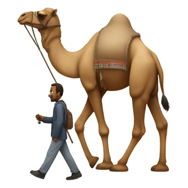 a man walking in front of a camel and holding it sticker