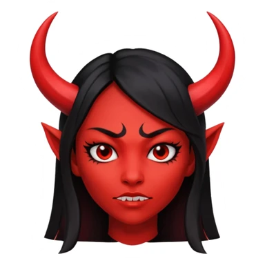 Head only demon girl; face with pronounced cheekbones and angular jaw; skin is uniform pure red (#FF0000) everywhere; long straight smooth black hair; small horns sticker