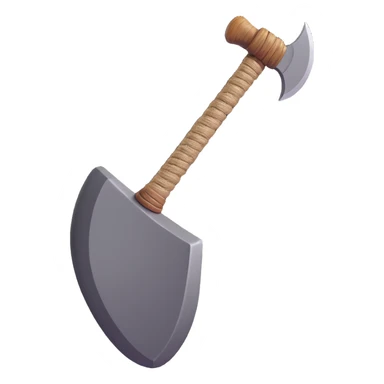Draw a Stone Age hand axe with a sturdy wooden handle showing visible texture, thick rope binding a roughly shaped gray stone blade at the top. The image should have soft shadows and glossy highlights, polished and three-dimensional, centered on a clean white background. sticker