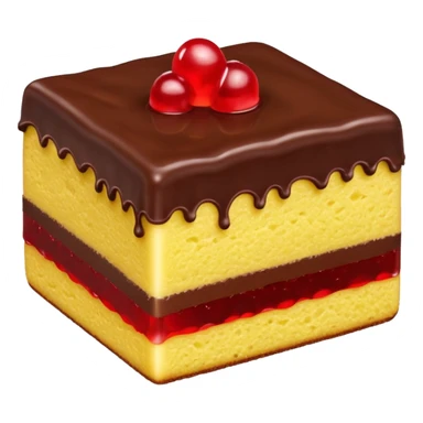 chocolate-covered snack cake with a moist yellow sponge interior. The cake is topped with chocolate curls or shavings and has a creamy white filling alongside a vibrant red jelly or fruit-flavored center (likely cherry or raspberry) sticker