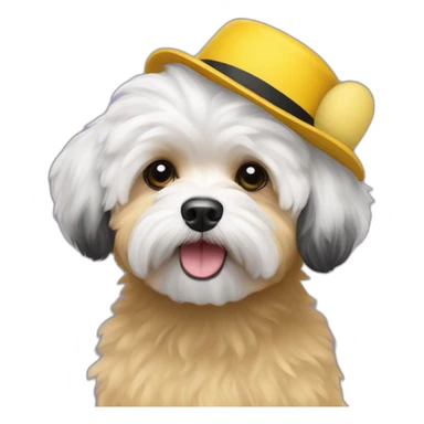A black bichon havanese with a yellow hat sticker