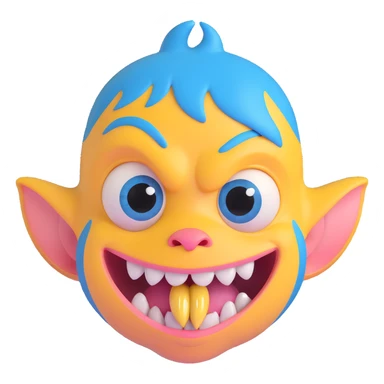 ugly face with big blue eyes, big nostrils with visible boogers, big mouth with very yellow buck teeth sticker