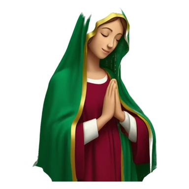 Virgin Mary: kind face looking down at the left, long brown hair, Wearing an emerald green  robe with gold stars and a burgundy red dress,  Hands in prayer or blessing. Halo around her head. standing in front of a big sun. colorful roses on the sides  sticker
