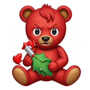 A red devil tearing up a brown teddy bear sticker