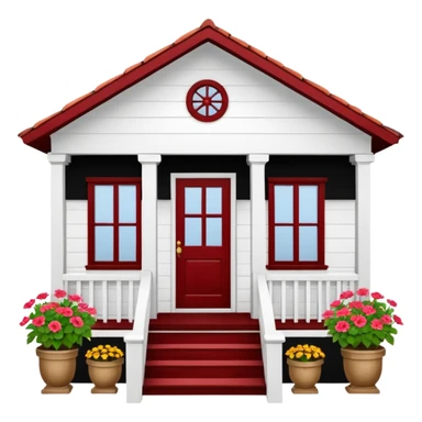 A typical wooden house from rural Puerto Rico with a central functional door, two symmetrical windows with flower boxes, a front porch with open railings, and a rocking chair. The house should look humble but well-maintained, evoking warmth and authenticity. sticker