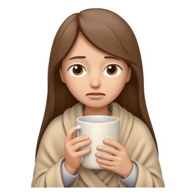emoji-style illustration of a sad crying woman with long straight brown hair, wrapped in a cozy beige blanket, holding a mug cup, minimalistic look, front-facing, soft 3D cartoon rendering, plain background sticker