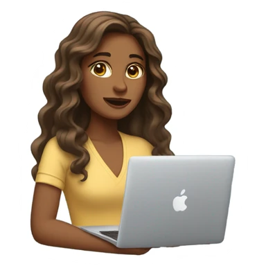 a woman with long wavy hair and brown eyes with macbook sticker