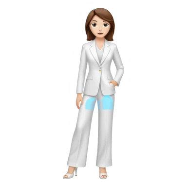 Chica blanca, traje pantalón blanco ancho, muy largo zapatos blancos tacon pelo recogido con mechones sueltos castaño ycuerpo entero sticker