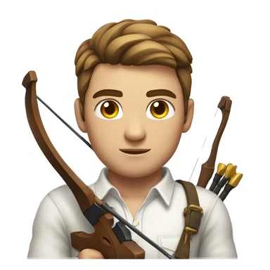 a male, aiming with a bow, facing  his target, eyes closed, wearing a white shirt, very short brown hair, bright skin, only show upper part of the body from waist up sticker