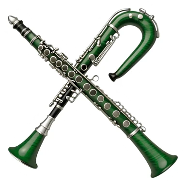 Create an elegant and refined emoji representing the Buffet Crampon Legende Green Line A clarinet. The design should showcase the sleek, dark wood finish of the clarinet with its shiny metal keys and elegant detailing. Include the distinct, high-quality features of the Green Line model, such as the unique greenish tint of the wood, giving it a modern and sophisticated look. Add subtle elements like the mouthpiece with the reed, emphasizing its importance in sound production. Use dark tones like ebony, silver for the keys, and soft light reflections to evoke a professional, classical feel. The background should be transparent. sticker