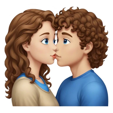 boy with light brown wavy hair and blue eyes giving a forehead kiss to a girl with brown curly hair and brown eyes  sticker