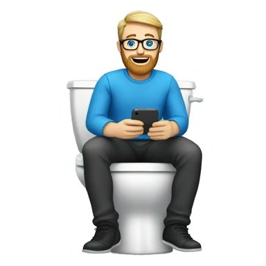 White man with a beard, glasses and blue eyes sitting on the toilet holding a phone sticker