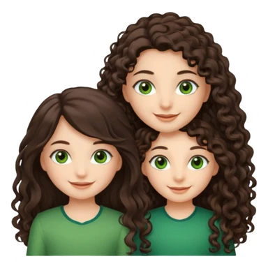 Two moppet girls, 1: long ironed straight darkbrown hair, green eyes, 2: long curly darkbrown hair, brown eyes sticker