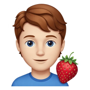 Please generate a portrait of a boy. He has wavy, light brown to reddish-brown hair, a right side parting, slightly longer sideburns, blue eyes, a snub nose, and a rather pronounced, strawberry-red pout. He is smiling. sticker