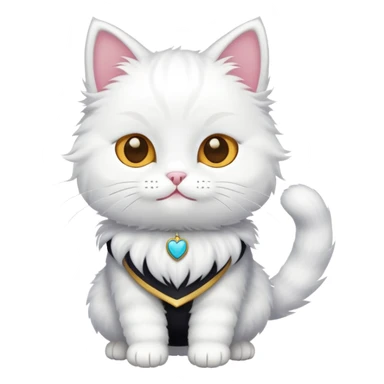 a white cat wearing a costume sticker