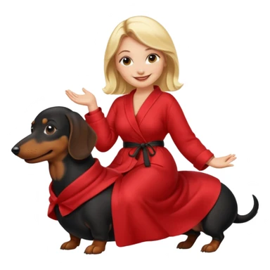 A blonde curvy woman riding on top of a black mini-dachshund wearing a red robe sticker