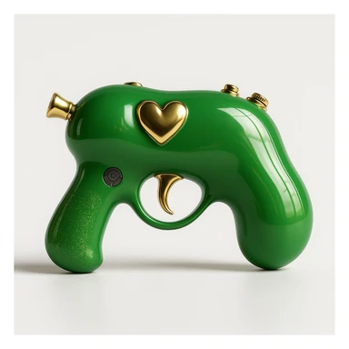 Refine the photorealistic green heart pistol: increase the realism, add subtle metallic reflections, enhance the glossy finish, and improve the heart shape details, on a white background. Maintain photorealistic style with subtle metallic reflections and glossy finish. sticker