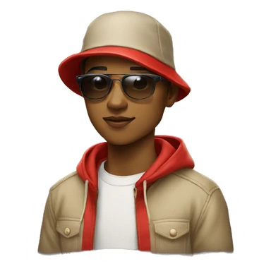 Young man wearing sunglasses, red bucket hat, beige hoodie, with messenger bag sticker