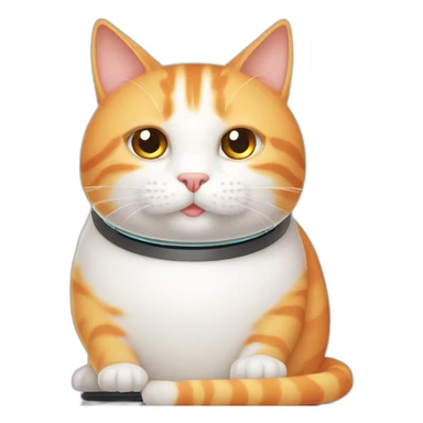 fat white and orange cat sitting on roomba sticker