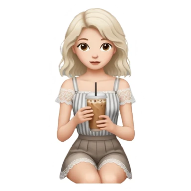 Minimalist girl holding an iced coffee in a chic cafe setting, white lace top, soft natural hair, modern gray striped wall, wooden bench, aesthetic and cozy mood ☕🌿🤍” sticker