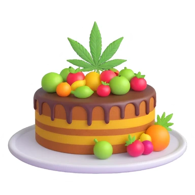 colorful frosted fruit cake with cannabis leaf on a plate sticker