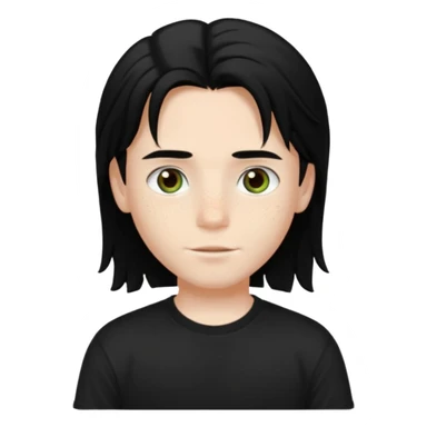 A beautiful boy with black hair and hazel green and brown eyes and white skin , with dark freckles and black t shirt with HAIRCUT: middle part hair hair with a center part haircut long  sticker