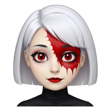 female, unnatural eye color with veiny eyes, sickly skin texture combined with an unnatural creepy smile, liminal setting that feels wrong, uncanny eerie art style, scary femme fatale, bob cut, mole under eye, white hair, red iris, black mascara, black eyeshadow, Gothic white skin, sticker