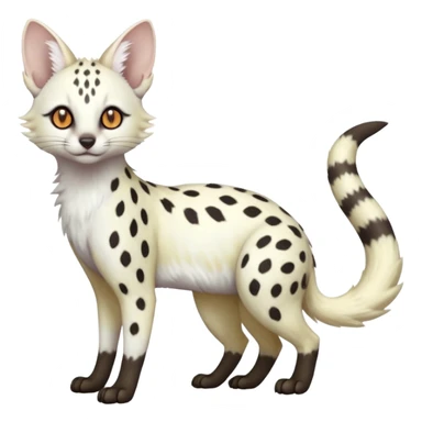 White Albino grey-spotted Serval-Civet-Genet-Trico-Furret-Linoone-Fakémon-Pokémon-animal-hybrid-fusion-creature (full body) with vibrant glowing eyes, cute, elegant, soft, realistic, pastel fur sticker