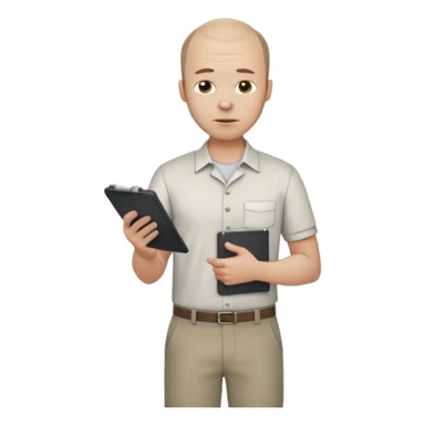 man mid 30's tired shirt and trousers balding hairline standing holding a clipboard sticker