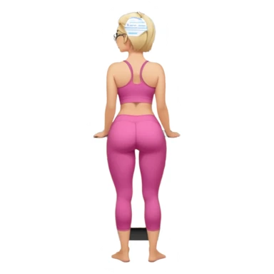 Render from knees up, view from the back, fair skinned woman, curvy, short blond hair, small reading glasses, cooking dinner in kitchen, pink loose tank top, showing natural B cup breast shape SFW, black yoga pants, large curvy booty sticker