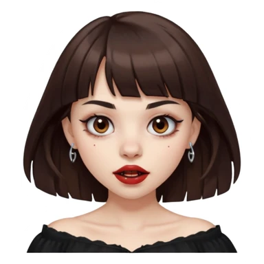 pale girl, round full lips, big brown eyes, medium brown hair with bangs, nose and eyebrow piercing, she has vampire fangs and is wearing a off shoulder black shirt sticker
