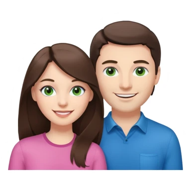 pink polaroid photo of a couple thats white with long brunette hair blue eyes and a white guy with short brunette hair and green eyes sticker