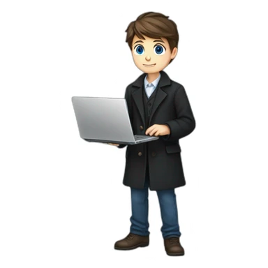 Blue eyes ,uses laptop in hands, uses laptop in hands, Blue eyes, Classy programmer, 13 years old, coat, formal outfit, pc in hands, brunette boy, black coat, all body sticker