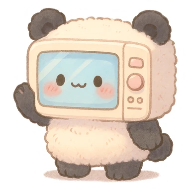 chibi microwave oven merged with a fluffy panda, blushing, waving, soft pastel tones, full-body sticker