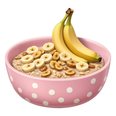 banana baked oats in a bowl like oat meal with a couple banana slices on top that look a little bit caramelised and a light pink bowl with white polka dots sticker