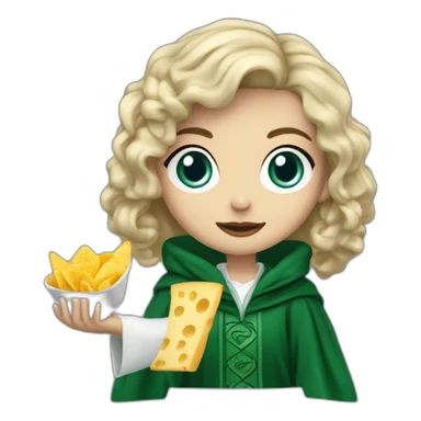 Blue eyes Slytherin robe girl with short wavy ash blonde hair eating chips and cheese hogwarts robe sticker